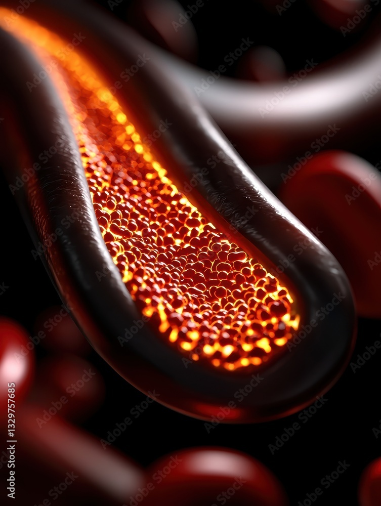 Poster abstract close-up of glowing orange and red shaped objects in a dark environment.
