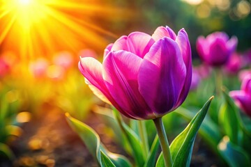 Fototapeta premium Pink & Purple Tulip Closeup: Sunlight, Nature Landscape, Ecology Wallpaper