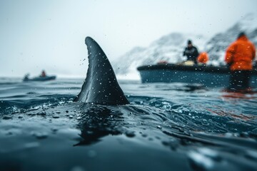 Fototapeta premium whale fin emerges from water, creating ripples as it slices through surface. In background, people in orange jackets are seen on boat, adding to adventurous atmosphere