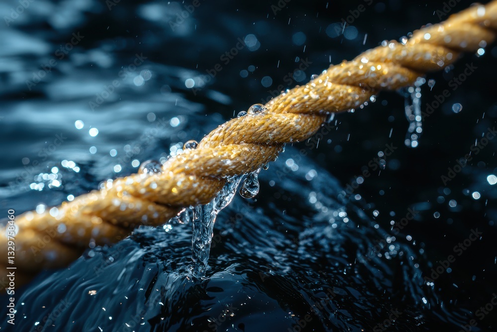 Poster detailed view of rope being pulled taut in water, with droplets splashing around, creating dynamic a