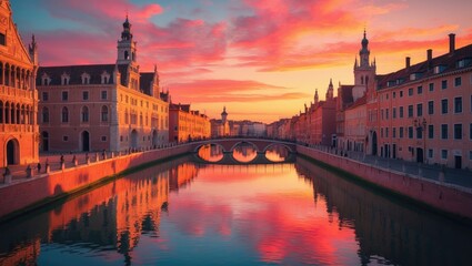 Obraz premium Sunset in the evening featuring historic medieval buildings. Cityscape with canals and cobblestone streets.