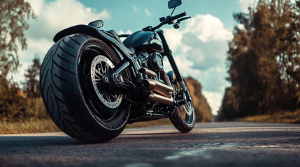 Obraz premium Powerful black custom motorcycle on roadside asphalt beautiful landscape day ride cool dark tires
