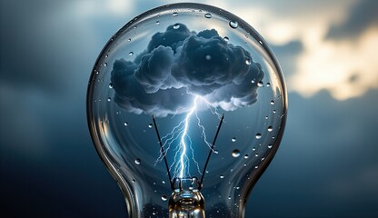 A lightbulb containing a miniature lightning storm with clouds and raindrops, set against a dark, textured background, symbolizing powerful ideas, innovation, and the energy of inspiration.