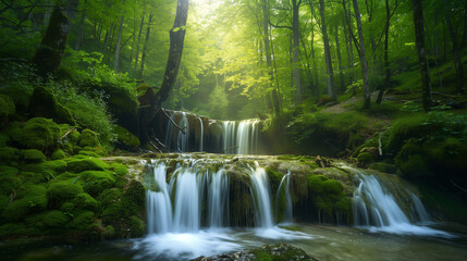 Obraz premium Waterfalls in forest. Fresh waterfalls in deep forest