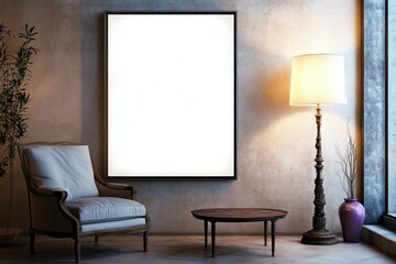 Blank canvas mockup, living room, interior, armchair, night, design, template, presentation