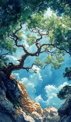 A stunning tree reaching towards the sky. Fantasy Tree of Growth and Freedom