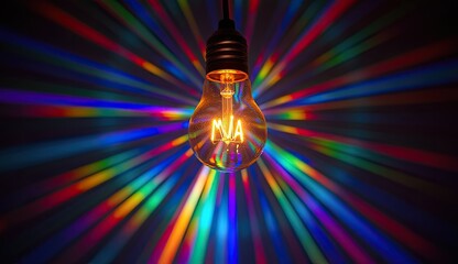 A glowing lightbulb with a visible filament at the center of a vibrant burst of colorful light streaks, symbolizing bright ideas, creative inspiration, and the explosion of innovative thoughts.