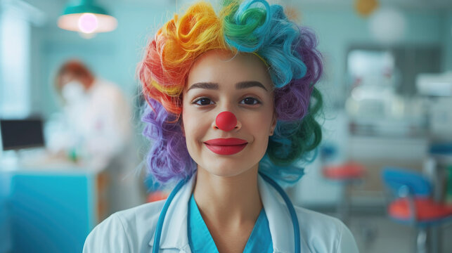 Smiling young female doctor in colorful bright wig with red clown nose stands in the middle of medical office in hospital giving joy and fun to patients on April Fools Day. - Powered by Adobe