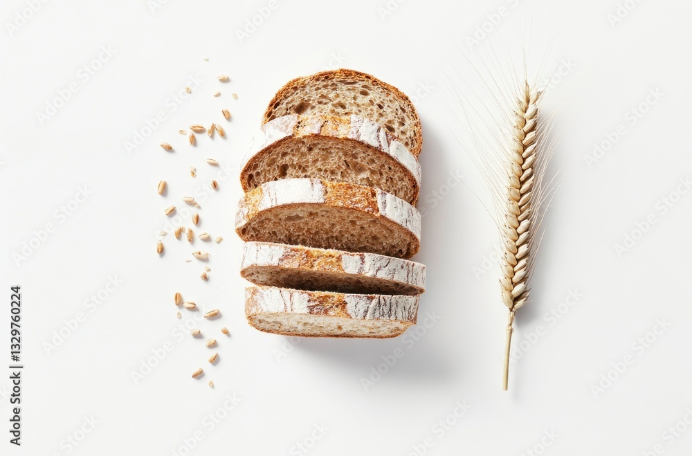 Poster sliced bread stack with wheat stalk on white background flat lay