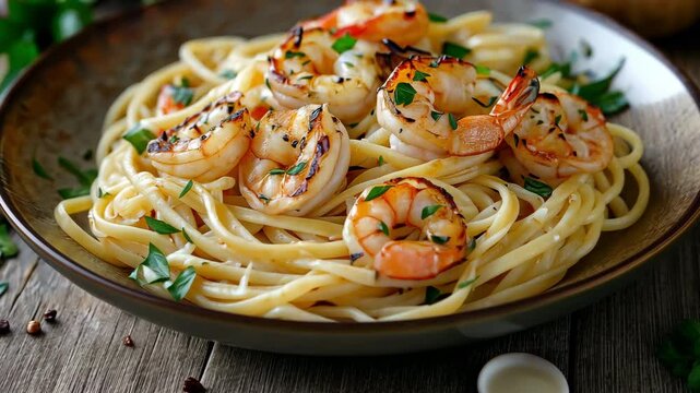 Pasta on a wooden table with grilled prawns, garlic and parsley