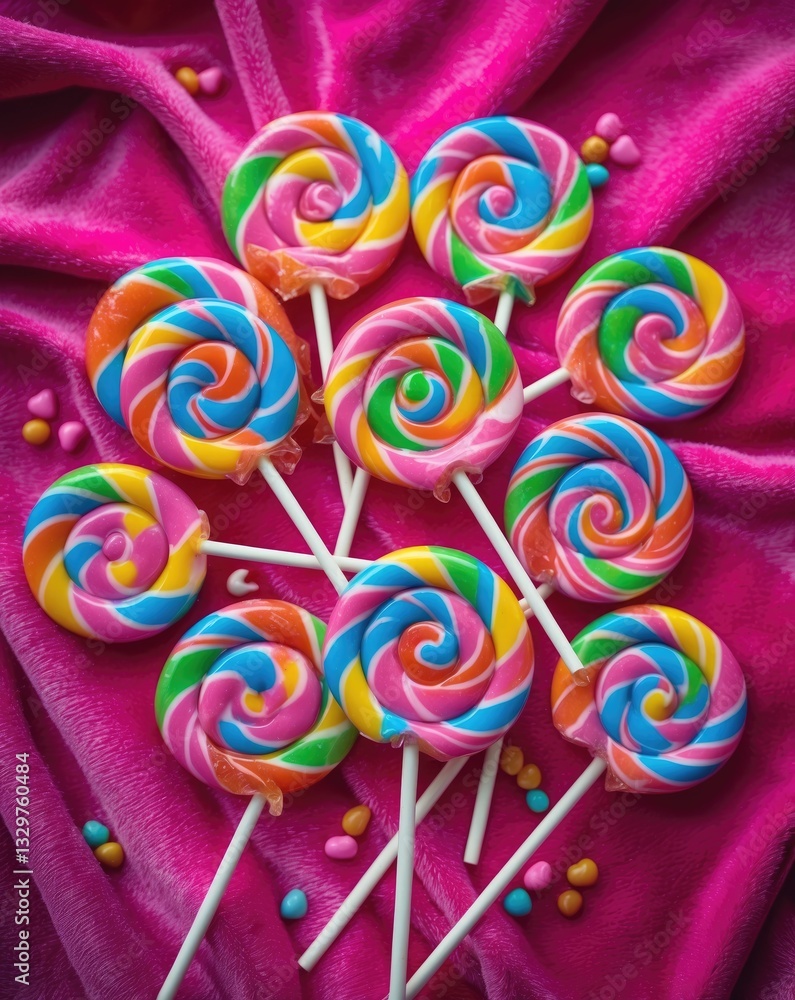 Canvas Prints top view of colorful lollipops on a pink background with a caramel stick.