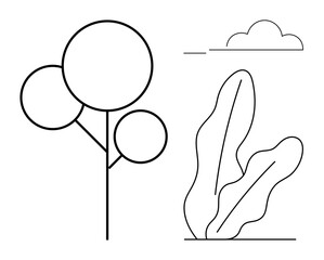 Simple tree with circular foliage, abstract leaves, and a single cloud rendered in line art style. Ideal for nature, minimalism, ecology, environment, outdoor activities, design aesthetics and calm