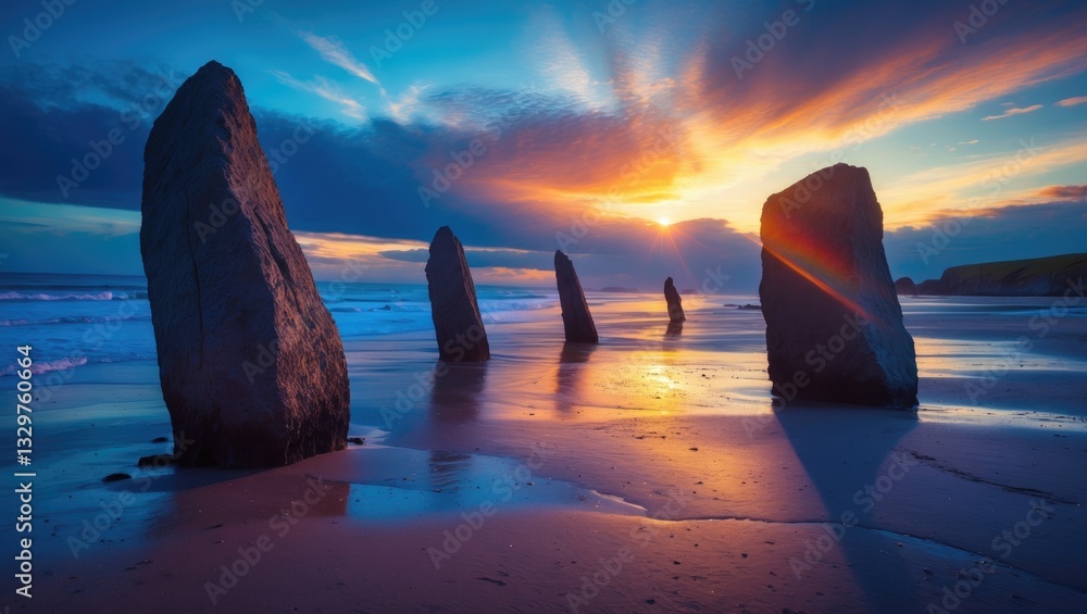 Canvas Prints the transition of day and night across large stones on a beach touched by dusk. amazing experience d
