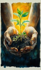 Hands nurturing a young plant in soil. Fantasy Tree of Growth and Freedom