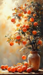 A vibrant orange tree in a rustic vase. Fantasy Tree of Growth and Freedom