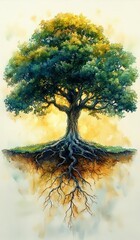 Vibrant tree showcasing roots and foliage. Tree of Life and Spiritual Liberation
