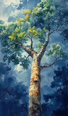Lush tree reaching skyward with vibrant leaves. Tree of Life and Spiritual Liberation