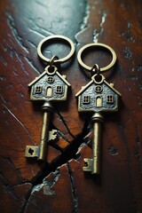 Two keys with separated broken key rings featuring a pendant shaped like a house on a wooden background with space for text. Division of a home during divorce, property division.