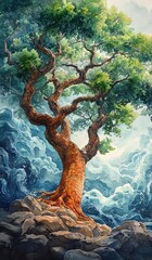 A majestic tree with vibrant leaves and texture. Tree of Life and Spiritual Liberation