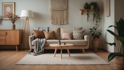 Stylish beige sofa accompanied by a carpet and coffee table in the living room.