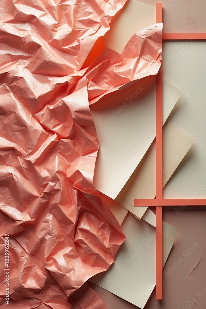 Poster trendy coral textured backdrop. crumpled craft paper and plain paper sheets create a line partition.