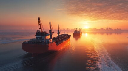 Fototapeta premium Small bulk carriers with deck cranes floating on the sea, no pipes on decks, only hold covers, captured from a high perspective with a distant city in the background, spring weather and sun at zenith.