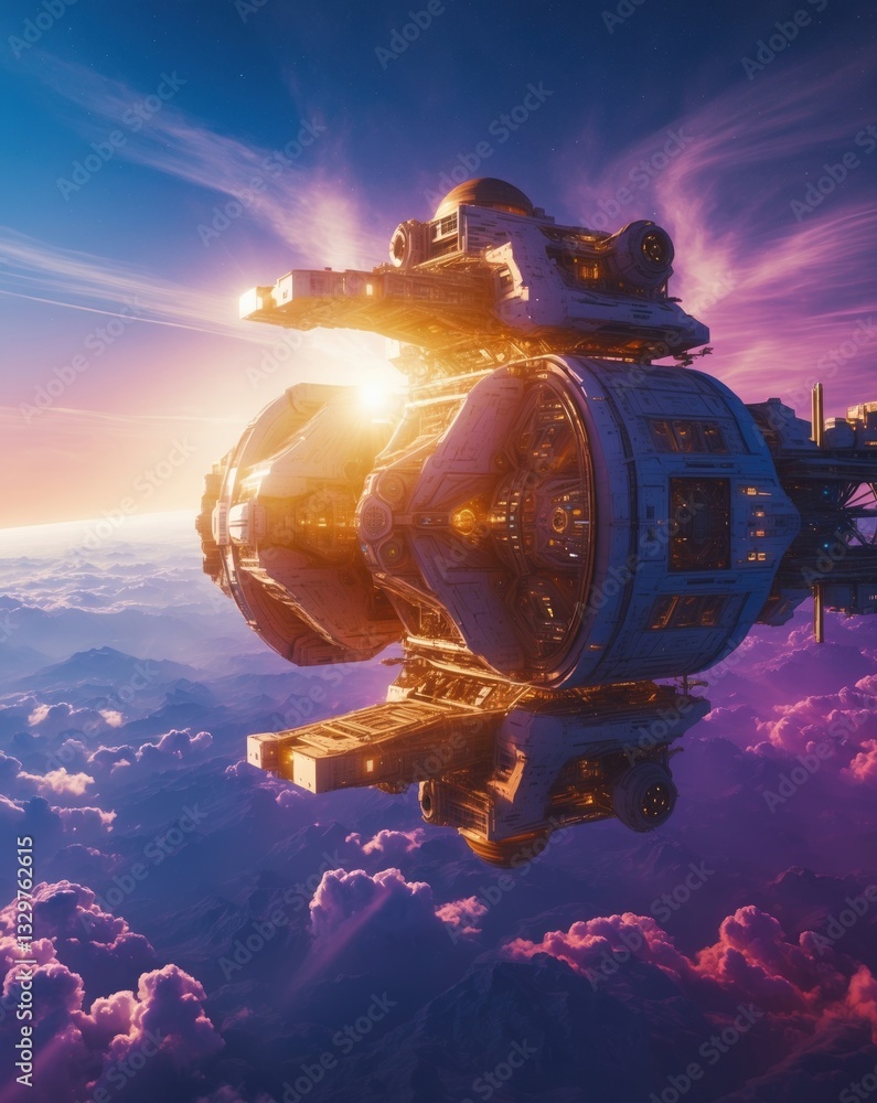 Poster a space station orbits above the planet, with elements of this image generated by ai tools.