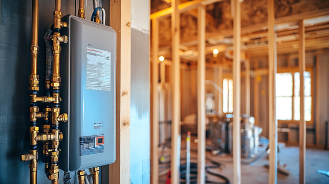 Modern tankless water heater installation in new home construction grey gray blue gold room house