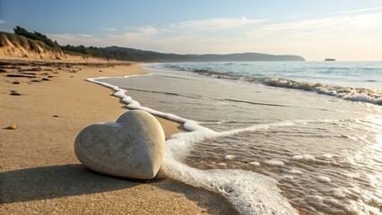 Obraz premium Heart-shaped stone on a beautiful beach at sunset