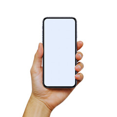 Hand holding smartphone mockup as png photo with blank screen isolated on white background. mobile phone hand mockup
