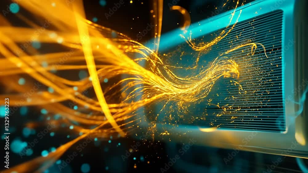 Poster dynamic energy flow through a futuristic air conditioning unit showcasing vibrant colors and abstrac