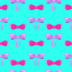 Seamless pattern, pink and lilac cute bows on a bright background. Vector flat illustration