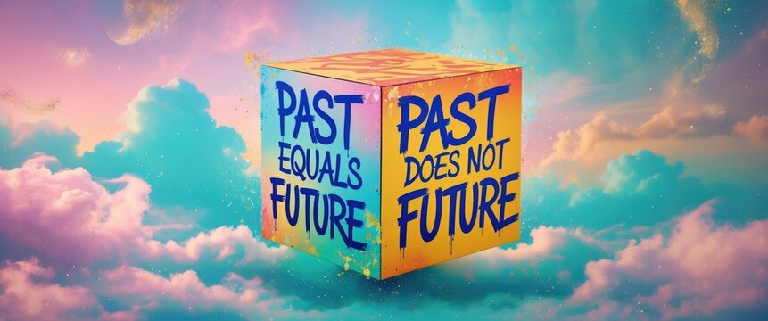 Symbol for the saying 'the past doesn't define your future.' A rotated cube modifies the equation 'past equals future' to 'past does not equal future.' Copy space.