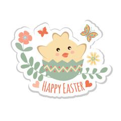 Happy easter sticker. A cute little chick sitting in a shell with flowers and easter eggs on white background. Can be add text.