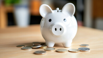 minimalist white piggy bank sits on clean wooden surface surrounded by coins, symbolizing savings and financial planning