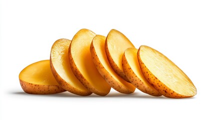Thinly Sliced Yellow Potatoes on White Background
