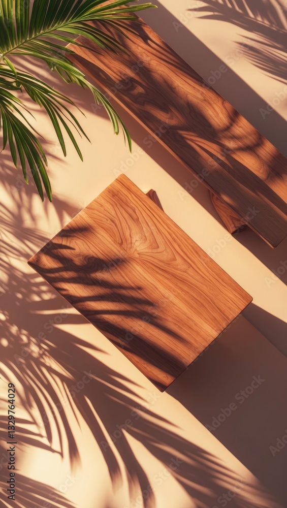 Poster top-down view of a soft brown table featuring high-resolution texture and palm leaf shadows, summer-
