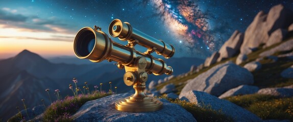 Telescope positioned on a mountain site aimed at the Milky Way, representing the concept of astronomical observation, hobbies, and space science.