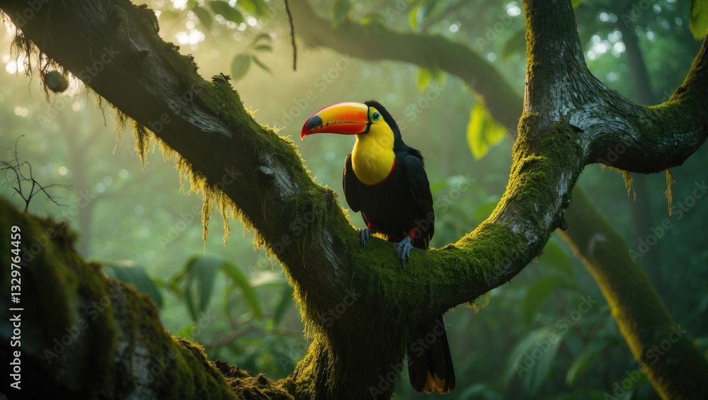 Poster the inquisitive toucan bird is resting on a branch of a tree.