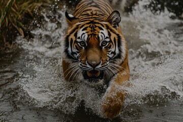 Obraz premium Powerful Siberian Tiger Charging Through Water, Face-to-Face Encounter / Close-Up of a Fierce Siberian Tiger / Fearless Siberian Tiger Sprinting in Water, Intense Eye Contact / Fearless Tiger.