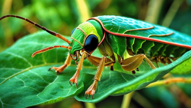 The Colorado potato insect can be observed feeding on a green potato leaf in this close-up image. Deformed foot tarsi are noted. Adult insects cause destruction on farms and crops. Theoretical