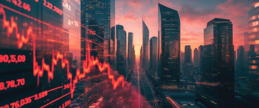 Digital indicators and declining graphs of a market crash superimpose over a contemporary scene. Concept of a market crash in double exposure.