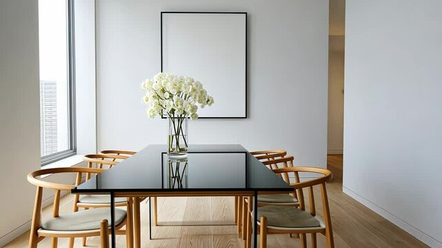 Elegant dining room with black reflective table, white flowers, wooden chairs, and blank frame, slowly zooming in