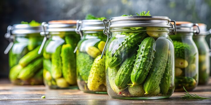 A close-up shot of a jar filled with pickled cucumbers in various stages of preservation, their translucent skin and crunchy texture on display , food, jarred goods