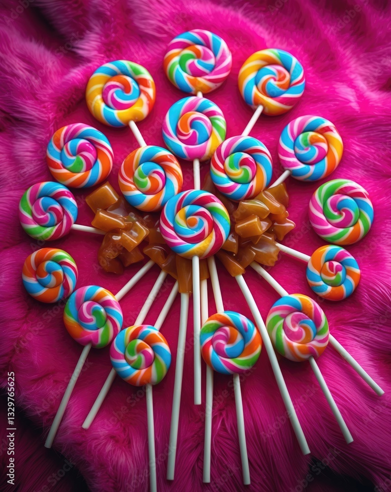 Poster aerial view of candy lollipops with a stick of caramel and a spectrum of colors on a pink backdrop.