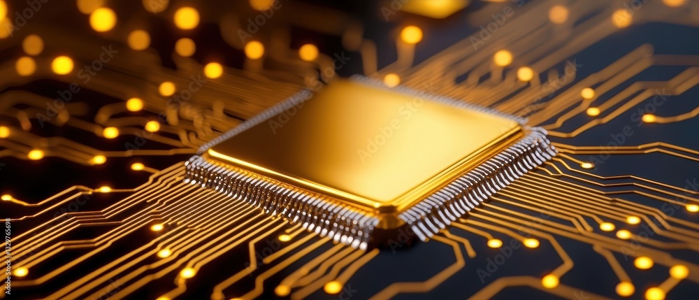Poster close-up of a glowing microchip on a vibrant circuit board with golden lights.
