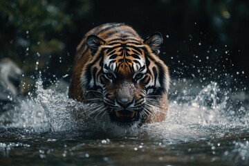 Powerful Siberian Tiger Charging Through Water, Face-to-Face Encounter / Close-Up of a Fierce Siberian Tiger / Fearless Siberian Tiger Sprinting in Water, Intense Eye Contact / Fearless Tiger.
