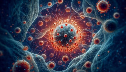 Microscopic view of virus or bacteria cells. Illustration for science, disease, biology, bacteriology