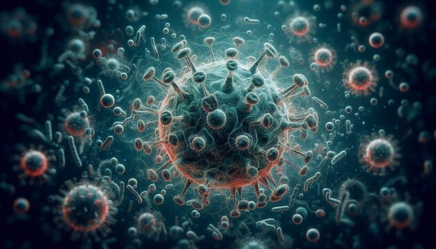 Microscopic view of virus or bacteria cells. Illustration for science, disease, biology, bacteriology