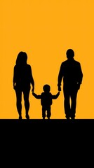 Fototapeta premium Family silhouette walking sunset, happy parenting, background yellow